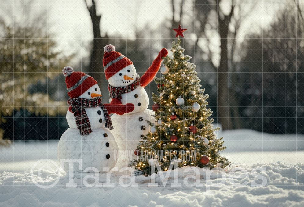 Snowman Family Decorating Tree Digital Backdrop - Free Snow overlay - Christmas Holiday Digital Background Backdrop JPG