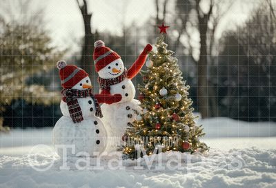 Snowman Family Decorating Tree Digital Backdrop - Free Snow overlay - Christmas Holiday Digital Background Backdrop JPG