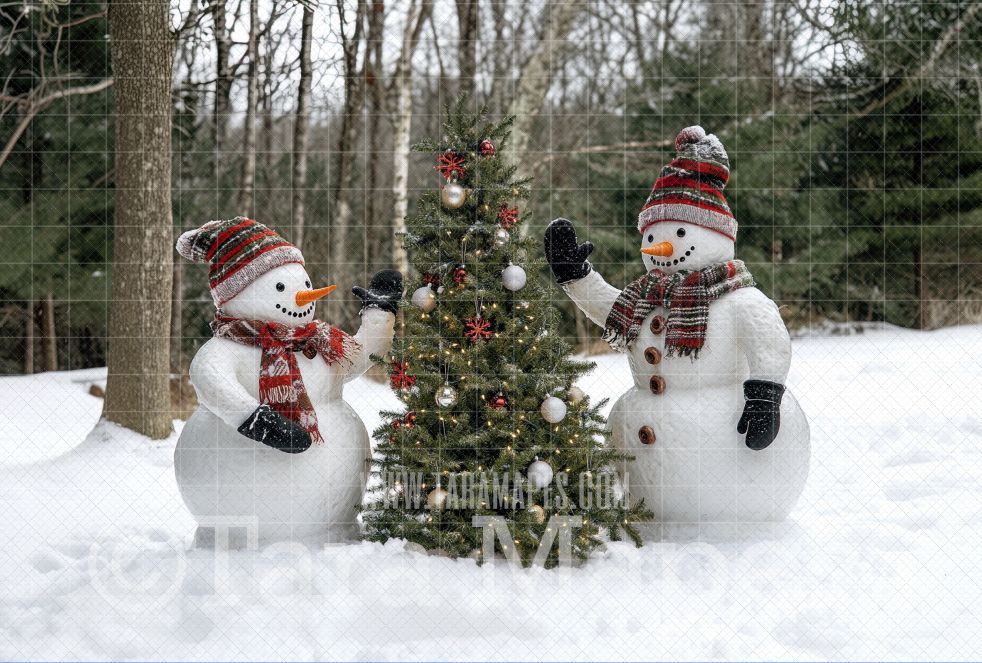 Snowman Family Decorating Tree Digital Backdrop - Free Snow overlay - Christmas Holiday Digital Background Backdrop JPG