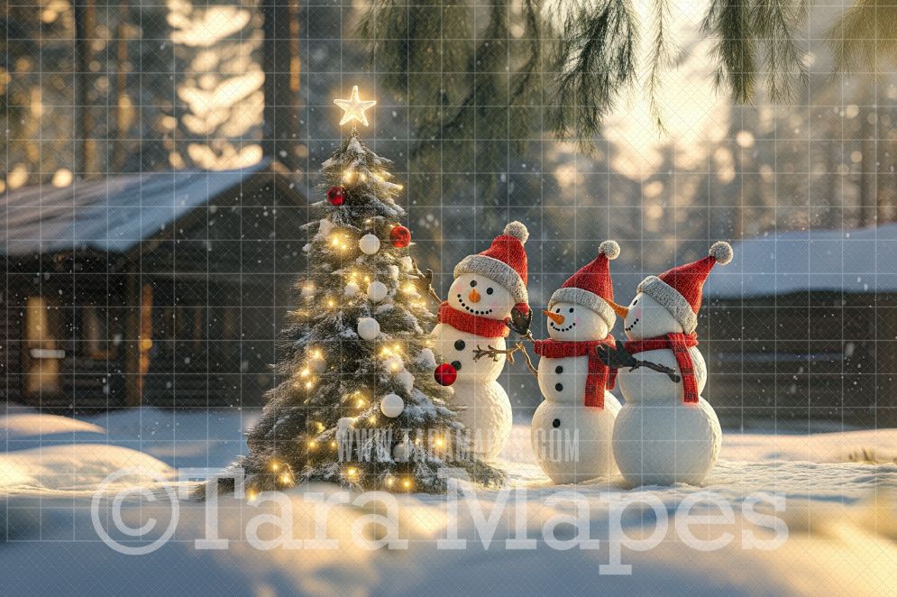 Snowman Family Decorating Tree Digital Backdrop - Free Snow overlay - Christmas Holiday Digital Background Backdrop JPG