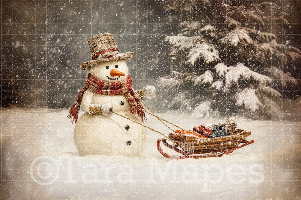 Snowman Pulling Sled Digital Backdrop - Free Snow overlay - Christmas Holiday Digital Background Backdrop JPG