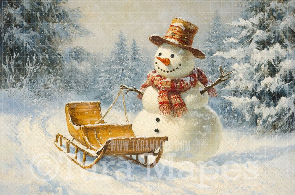 Snowman Pulling Sled Digital Backdrop - Free Snow overlay - Christmas Holiday Digital Background Backdrop JPG