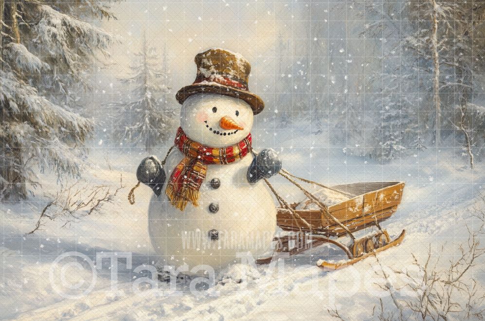 Snowman Pulling Sled Digital Backdrop - Free Snow overlay - Christmas Holiday Digital Background Backdrop JPG