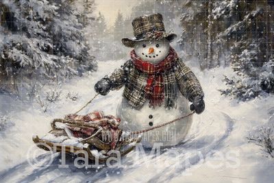 Snowman Pulling Sled Digital Backdrop - Free Snow overlay - Christmas Holiday Digital Background Backdrop JPG