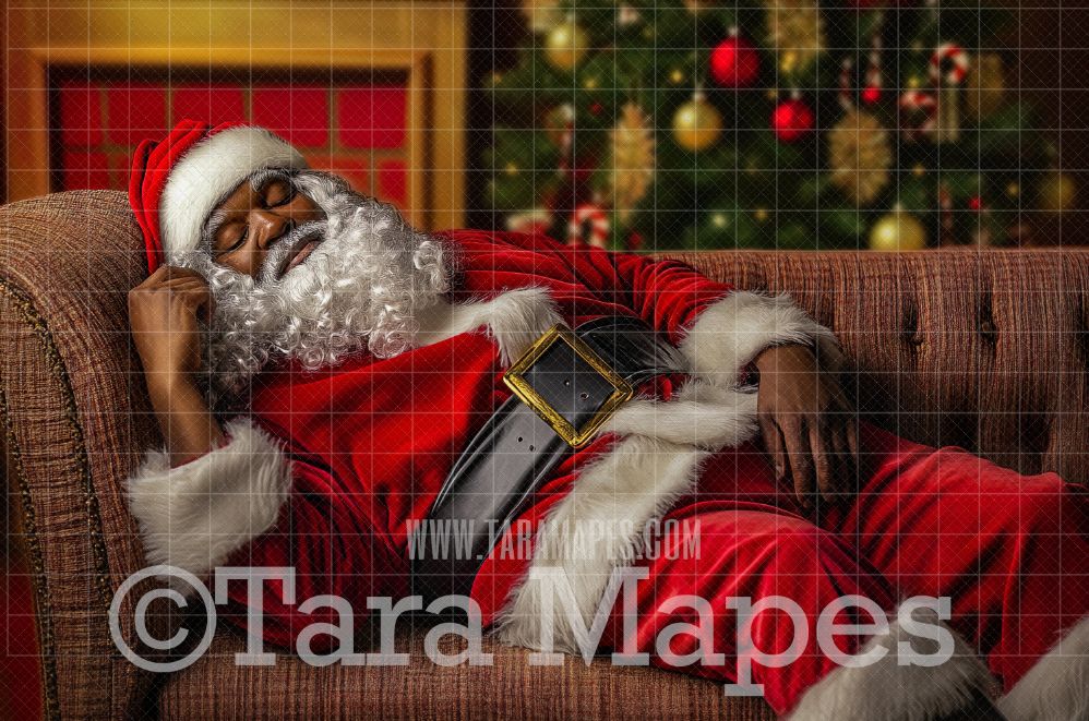 Black Santa Digital Backdrop - Black Santa Sleeping on Chair - Christmas Digital Background