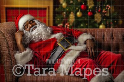 Black Santa Digital Backdrop - Black Santa Sleeping on Chair - Christmas Digital Background