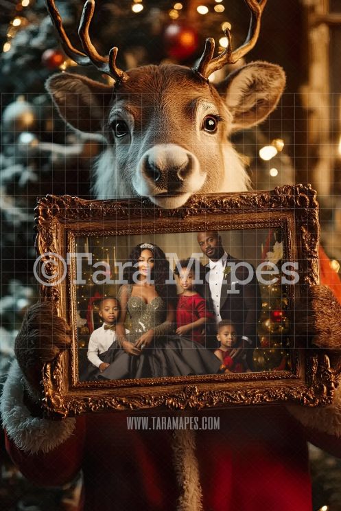 Reindeer Holding Christmas Frame Digital Frame - Layered PSD Christmas Frame Digital Background - Backdrop
