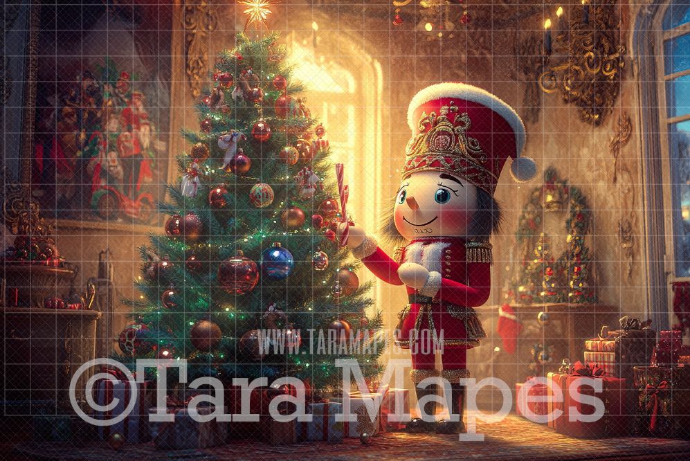Nutcracker Decorating Tree Digital Backdrop - Christmas Digital Background