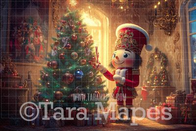 Nutcracker Decorating Tree Digital Backdrop - Christmas Digital Background
