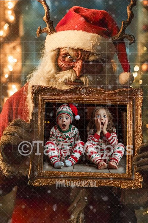 Krampus Holding Christmas Frame Digital Frame - Layered PSD Christmas Frame Digital Background - Backdrop