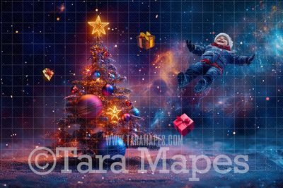 Christmas Tree in Space Digital Backdrop  - Outerspace Digital Backdrop - Galaxy Moon Space Digital Background