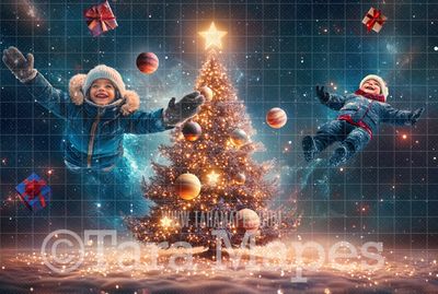 Christmas Tree in Space Digital Backdrop  - Outerspace Digital Backdrop - Galaxy Moon Space Digital Background