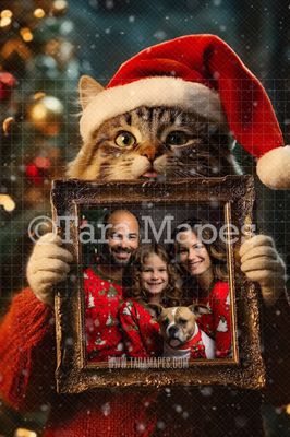 Cat Holding Christmas Frame Digital Frame - Layered PSD Christmas Frame Digital Background - Backdrop