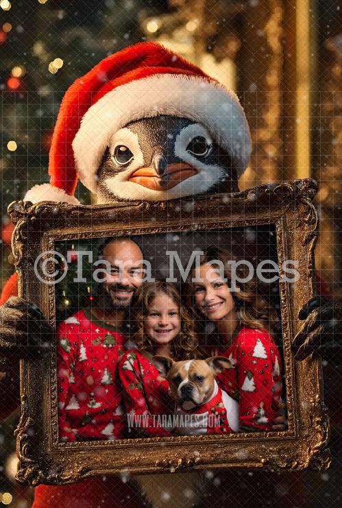 Penguin Holding Christmas Frame Digital Frame - Layered PSD Christmas Frame Digital Background - Backdrop