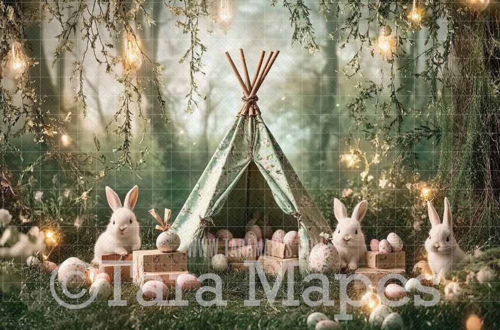 Easter Teepee with Bunnies Digital Backdrop - Easter Spring Digital Background - Easter Digital Background