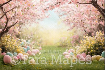 Cherry Blossom Easter Digital Backdrop - Easter Eggs and Cherry Blossoms Digital Background - Easter Digital Background