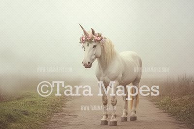 Unicorn Digital Backdrop  - Warm Sunlit Unicorn on Path Digital Background JPG