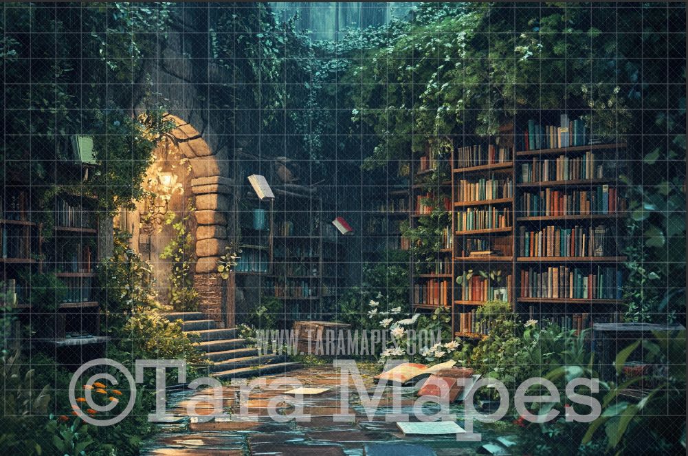 Rainy Forest Library Digital Background - Book Wall Digital Backdrop JPG