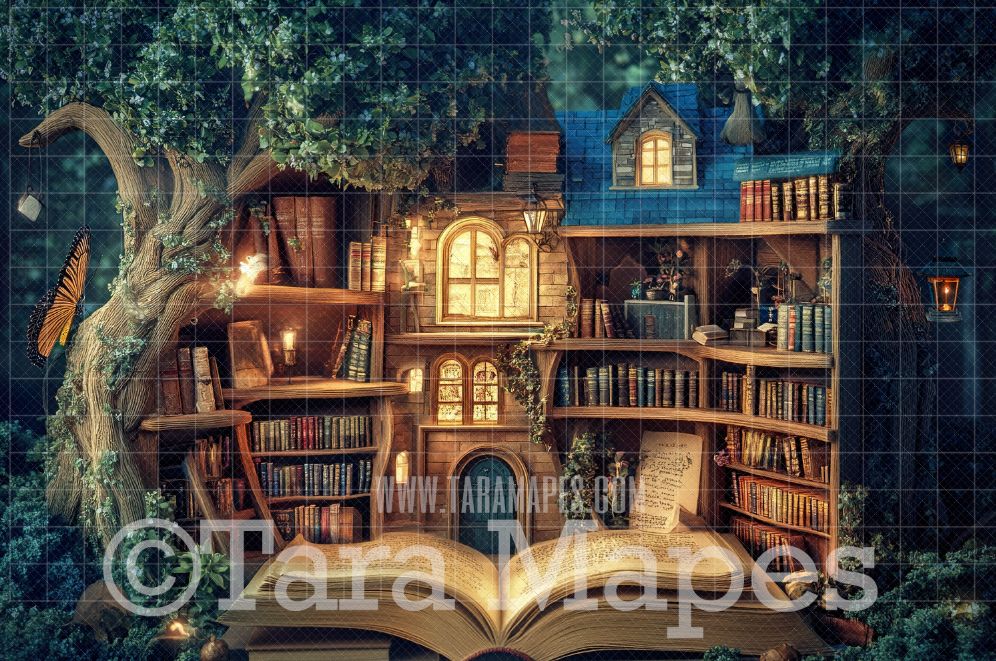 Enchanted Tree Library Digital Background - Book Tree House Digital Backdrop JPG