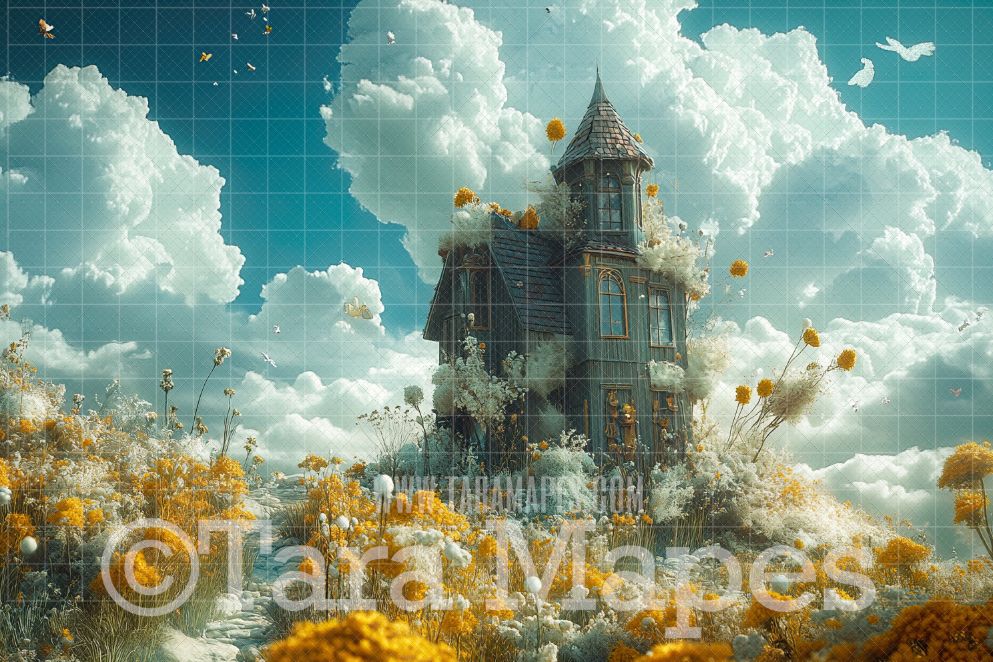 Dream World Digital Backdrop - Flowers and Clouds Digital Background