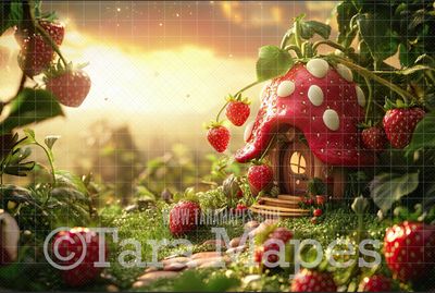 Fantasy Strawberry House  Digital Background - Strawberry Digital Backdrop (JPG FILE)