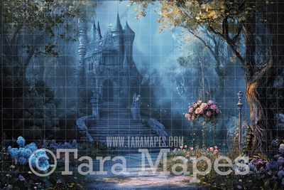 Castle Fountain Square Digital Backdrop - Old Castle Digital Background JPG