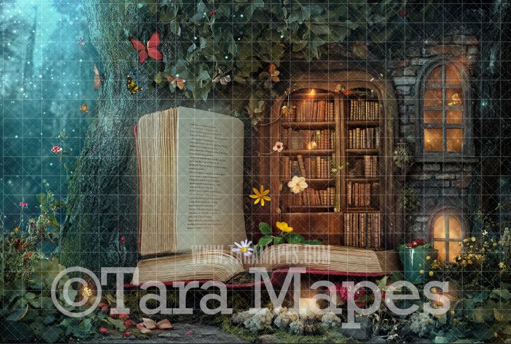 Magic Book Digital Background - Big Book Tree Library Digital Backdrop JPG