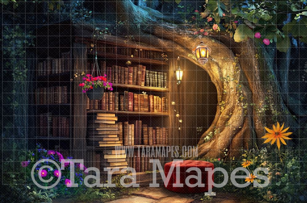 Magic Book Digital Background - Big Book Tree Library Digital Backdrop JPG
