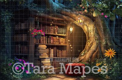 Magic Book Digital Background - Big Book Tree Library Digital Backdrop JPG
