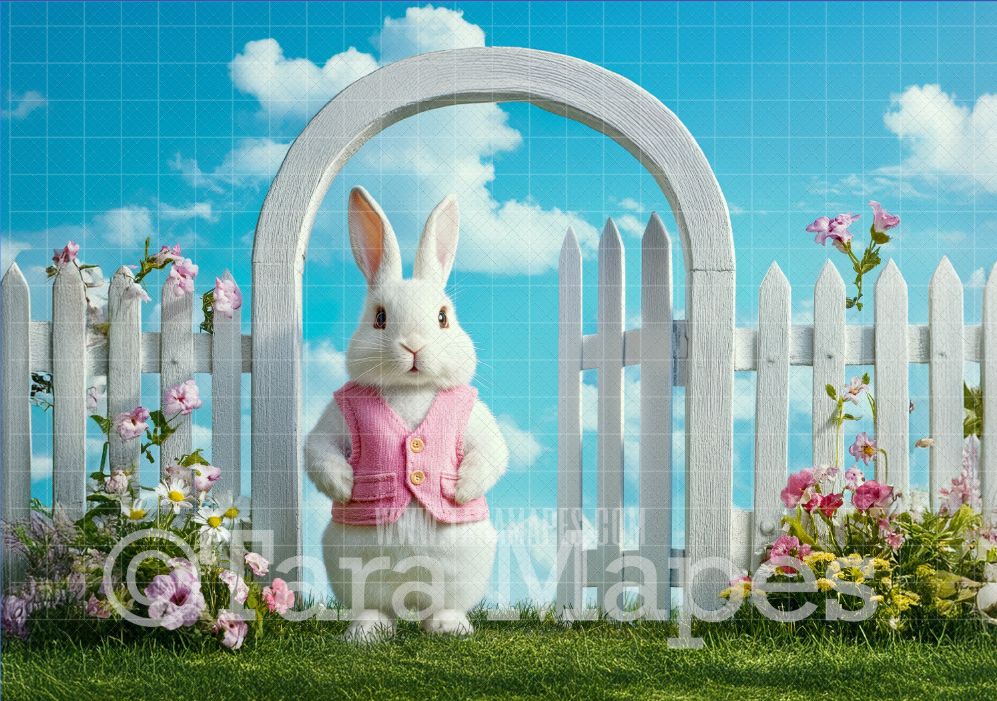 Easter Bunny at Gate Digital Backdrop - Easter Spring Digital Background - Easter Egg Digital Background