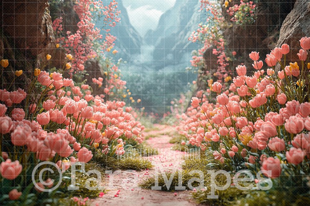 Tulip Path Digital Backdrop - Easter Spring Digital Background - Easter Egg Digital Background