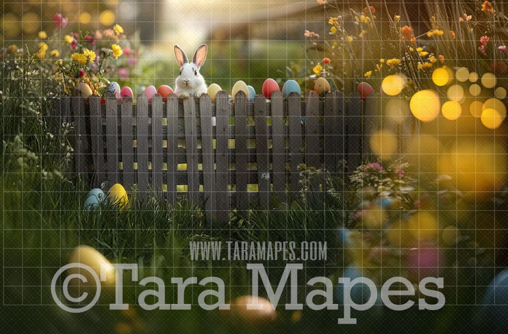 Easter Bunny on Fence Digital Backdrop - Easter Spring Digital Background - Easter Egg Digital Background