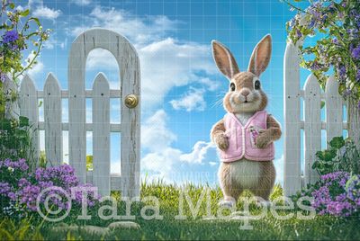 Easter Bunny at Gate Digital Backdrop - Easter Spring Digital Background - Easter Egg Digital Background