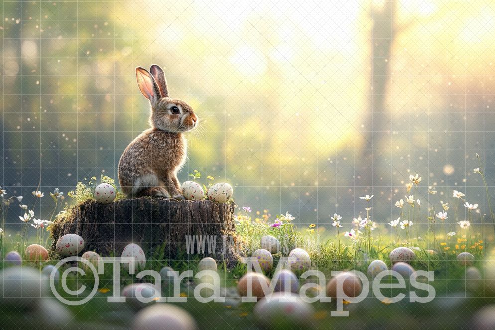 Easter Bunny on Tree Stump Digital Backdrop - Easter Spring Digital Background - Easter Egg Digital Background
