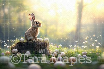 Easter Bunny on Tree Stump Digital Backdrop - Easter Spring Digital Background - Easter Egg Digital Background