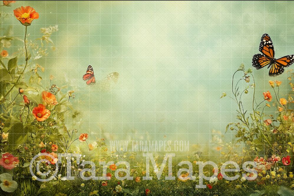 Painterly Fantasy Landscape Digital Background - Painterly Butterfly Scene Digital Backdrop JPG