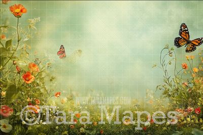 Painterly Fantasy Landscape Digital Background - Painterly Butterfly Scene Digital Backdrop JPG