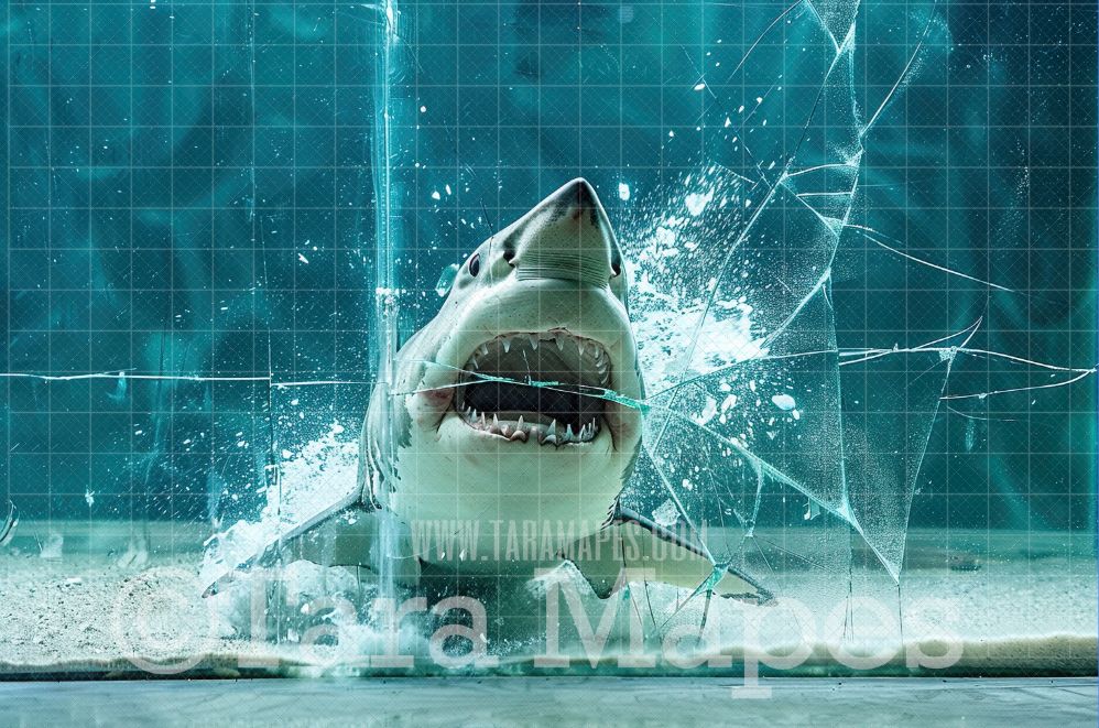 Shark Digital Background - Shark Breaking Through Glass - Digital Background Backdrop