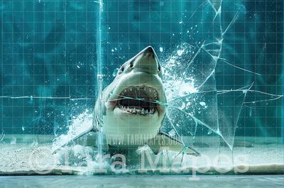 Shark Digital Background - Shark Breaking Through Glass - Digital Background Backdrop