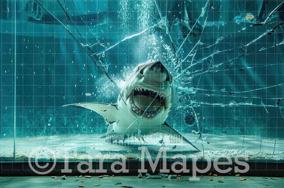 Shark Digital Background - Shark Breaking Through Glass - Digital Background Backdrop