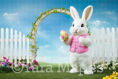 Easter Bunny at Gate Digital Backdrop - Easter Spring Digital Background - Easter Egg Digital Background