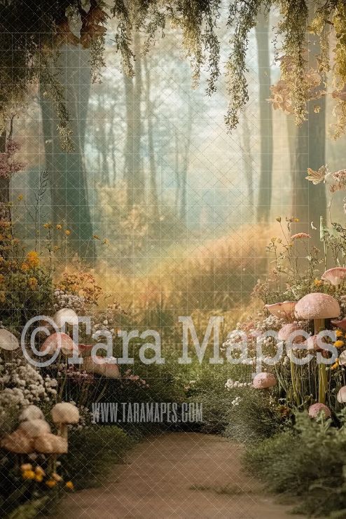 Enchanted Forest Path Digital Backdrop -Mushrooms in Woods Digital Background