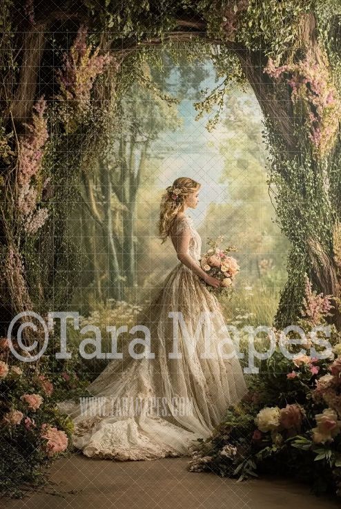 Enchanted Forest Path Digital Backdrop - Cascading Flowers in Woods Digital Background