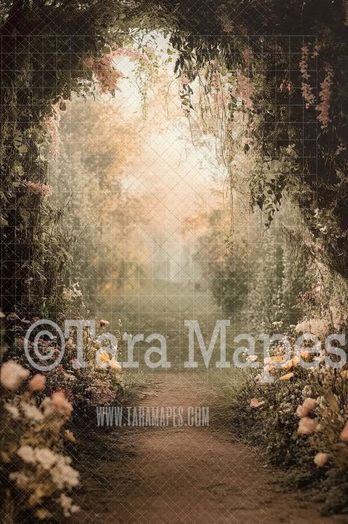 Enchanted Forest Path Digital Backdrop - Cascading Flowers in Woods Digital Background