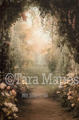 Enchanted Forest Path Digital Backdrop - Cascading Flowers in Woods Digital Background