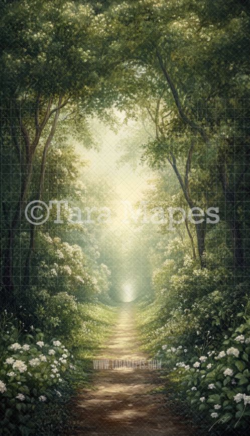 Enchanted Forest Path Digital Backdrop - Cascading Flowers in Woods Digital Background