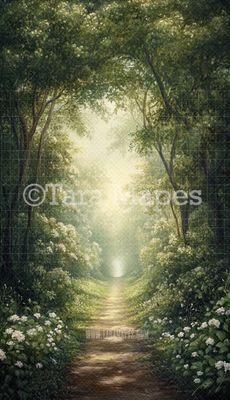 Enchanted Forest Path Digital Backdrop - Cascading Flowers in Woods Digital Background