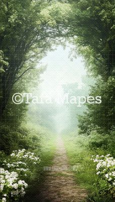 Enchanted Forest Path Digital Backdrop - Cascading Flowers in Woods Digital Background