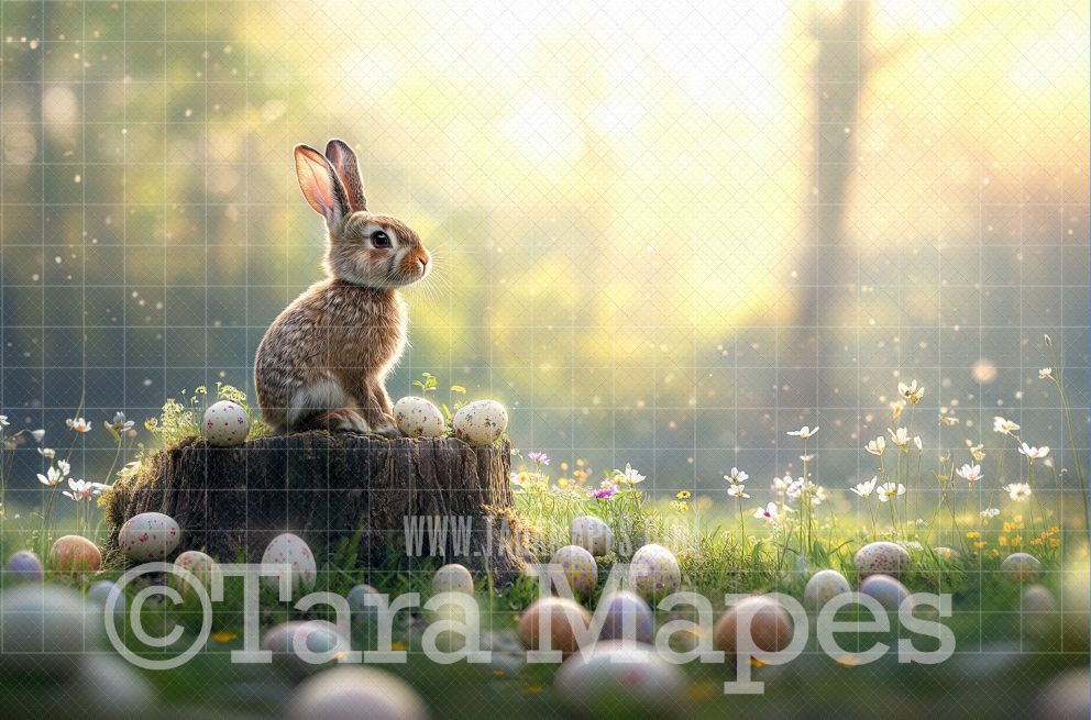 Easter Bunny on Stump Digital Backdrop - Easter Spring Digital Background