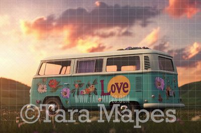 Hippie Van in Field at Sunset Digital Background Backdrop